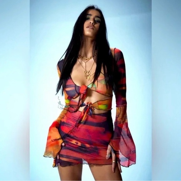 Jaded London Abstract Print Tie Front Mesh Dress with Contrast size 8 NWT - Picture 2 of 6